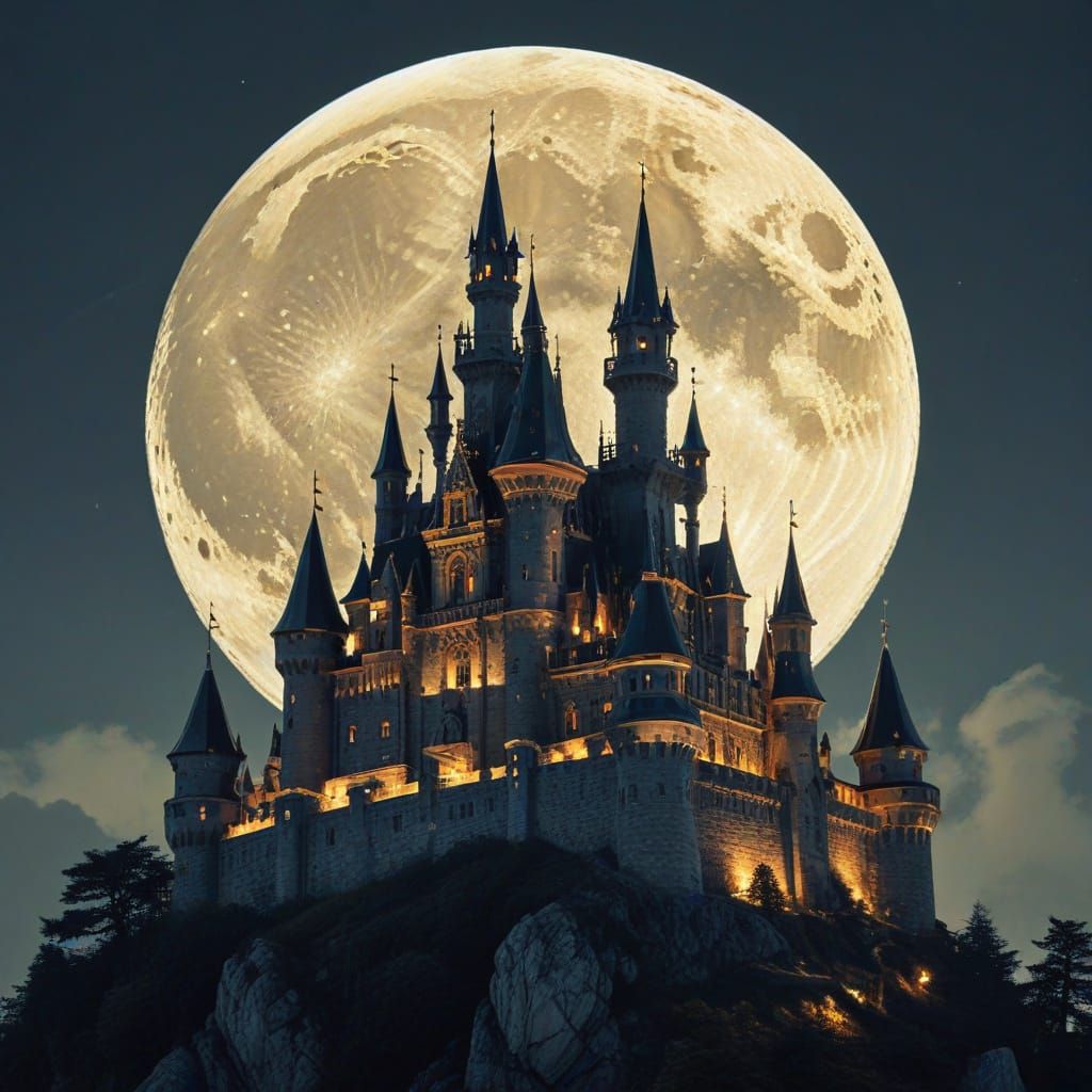 Double Exposure: Gilded Moon Over Castle