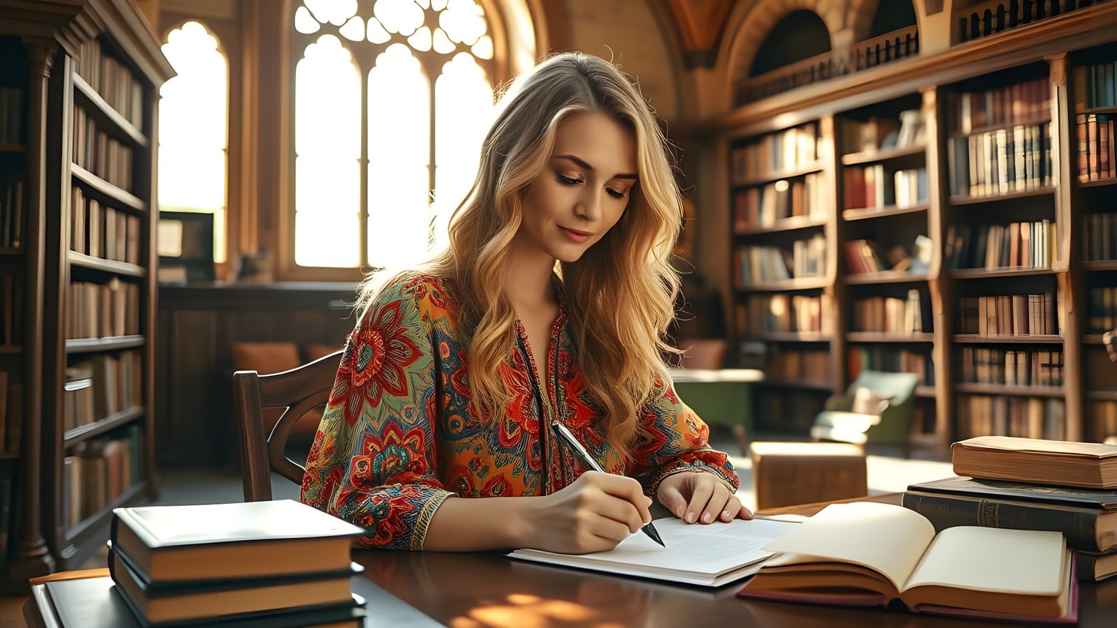 Intelligent Australian Woman in a Bright Library Study