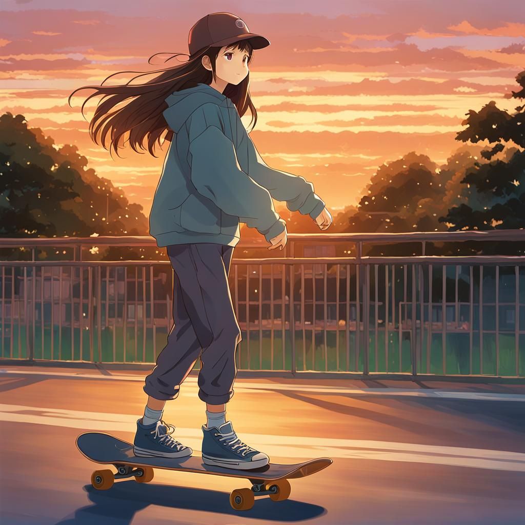 Girl Skateboarding at Sunset in Anime Style