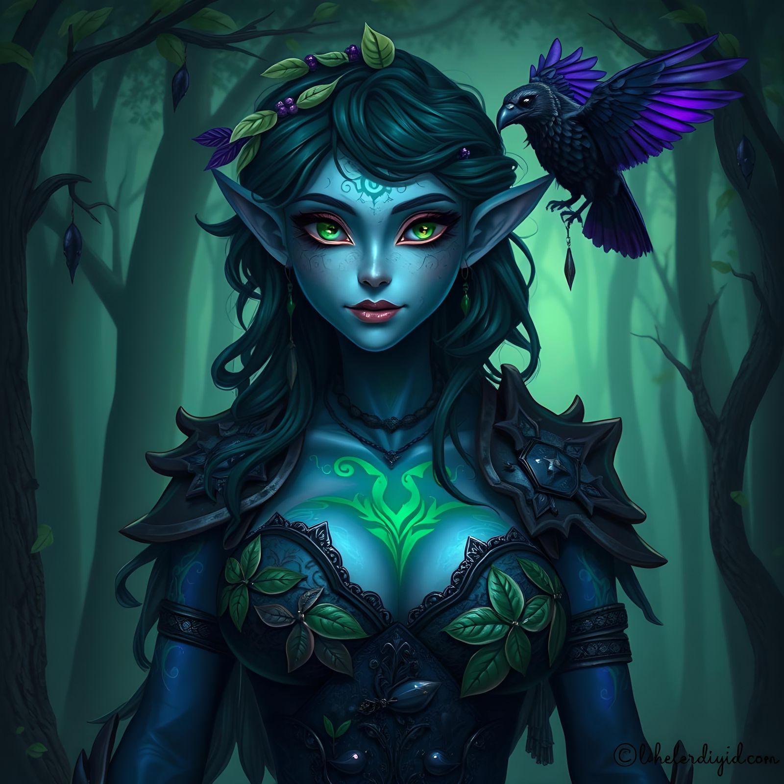 Whimsical Indigo Warlock with Raven Familiar, 3D Art