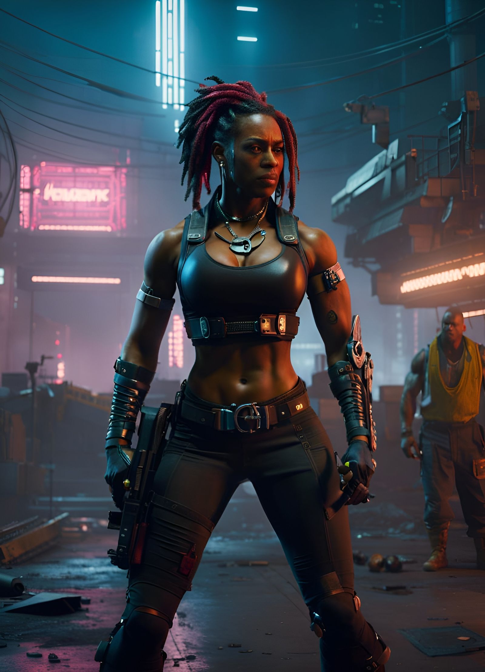 Cyberpunk Cyborg Bodybuilder in Dystopian Cityscape