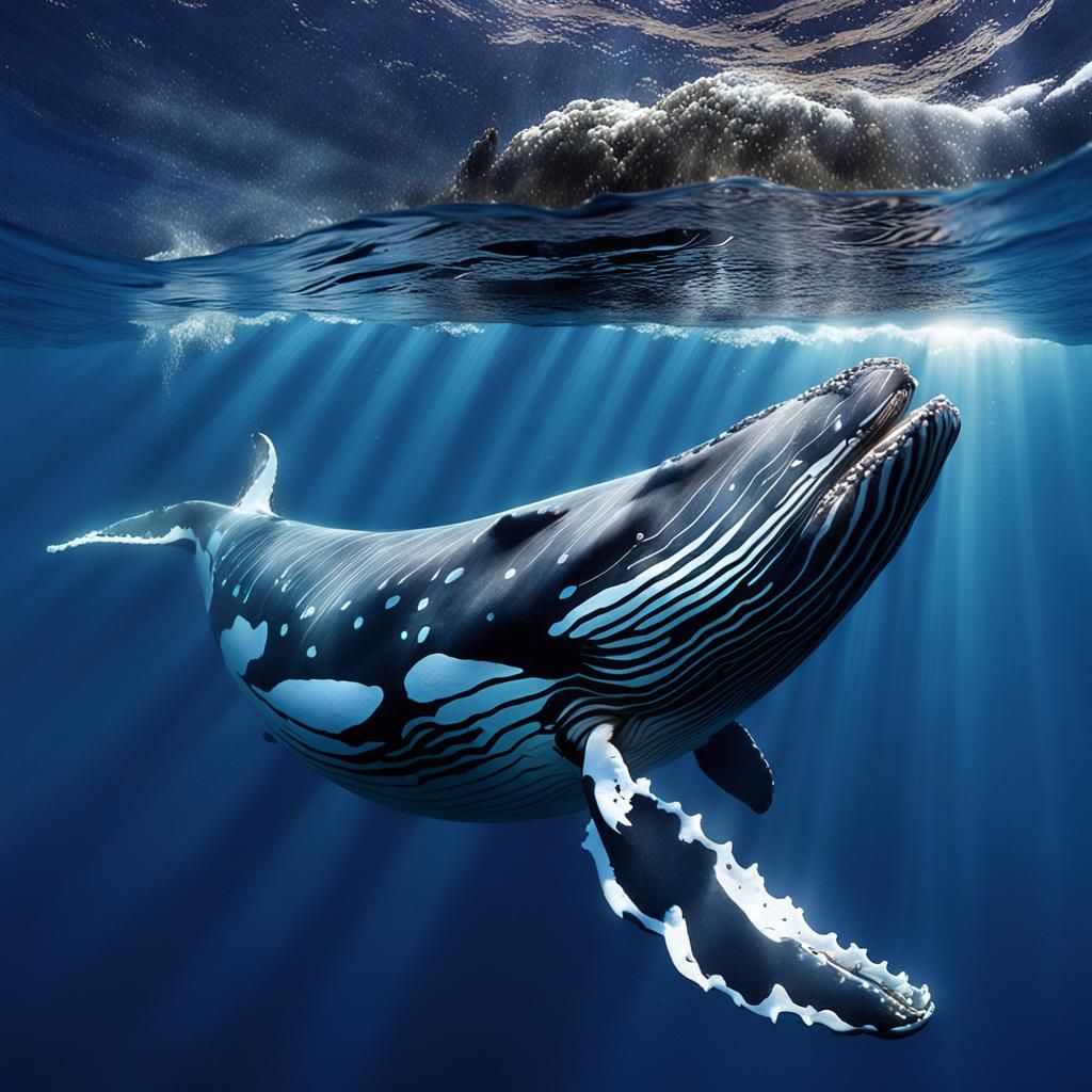 Humpback Whale Feeding in Sunlit Ocean Depths