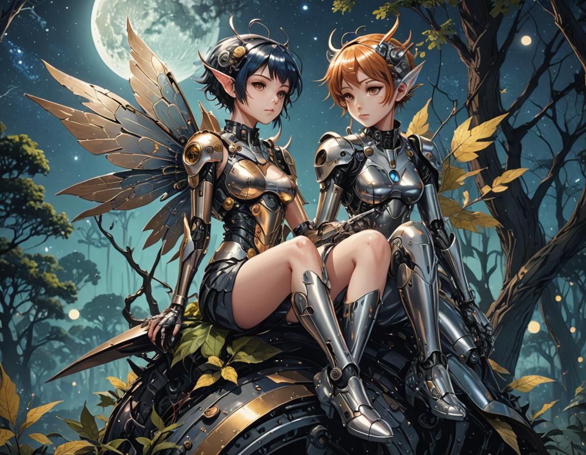 Cyborg Pixie in Artificial Forest, Anime Style