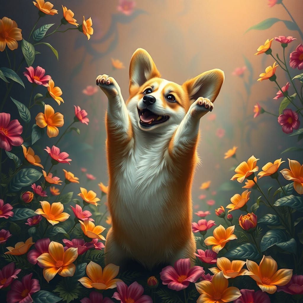 Whimsical Corgi in Vibrant Floral Wonder