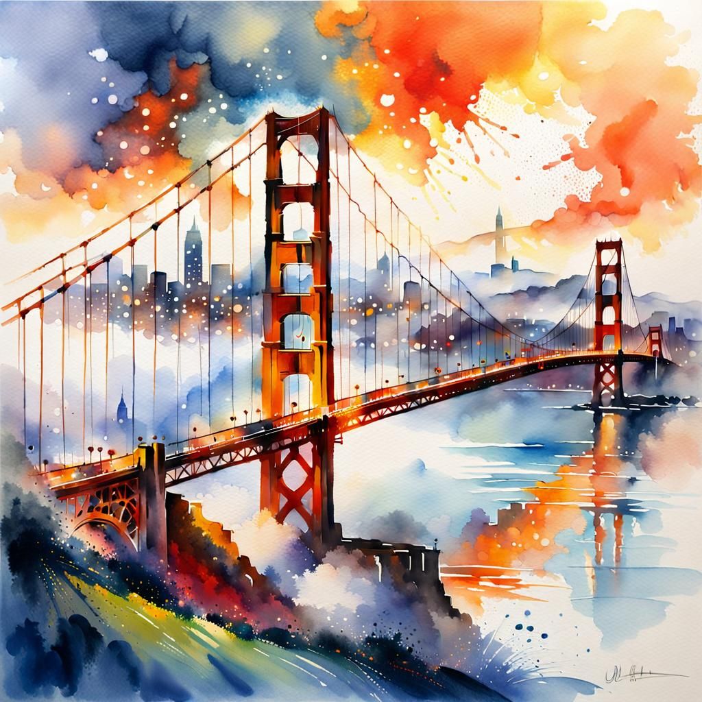 Golden Gate Bridge Watercolor with Misty Sunset