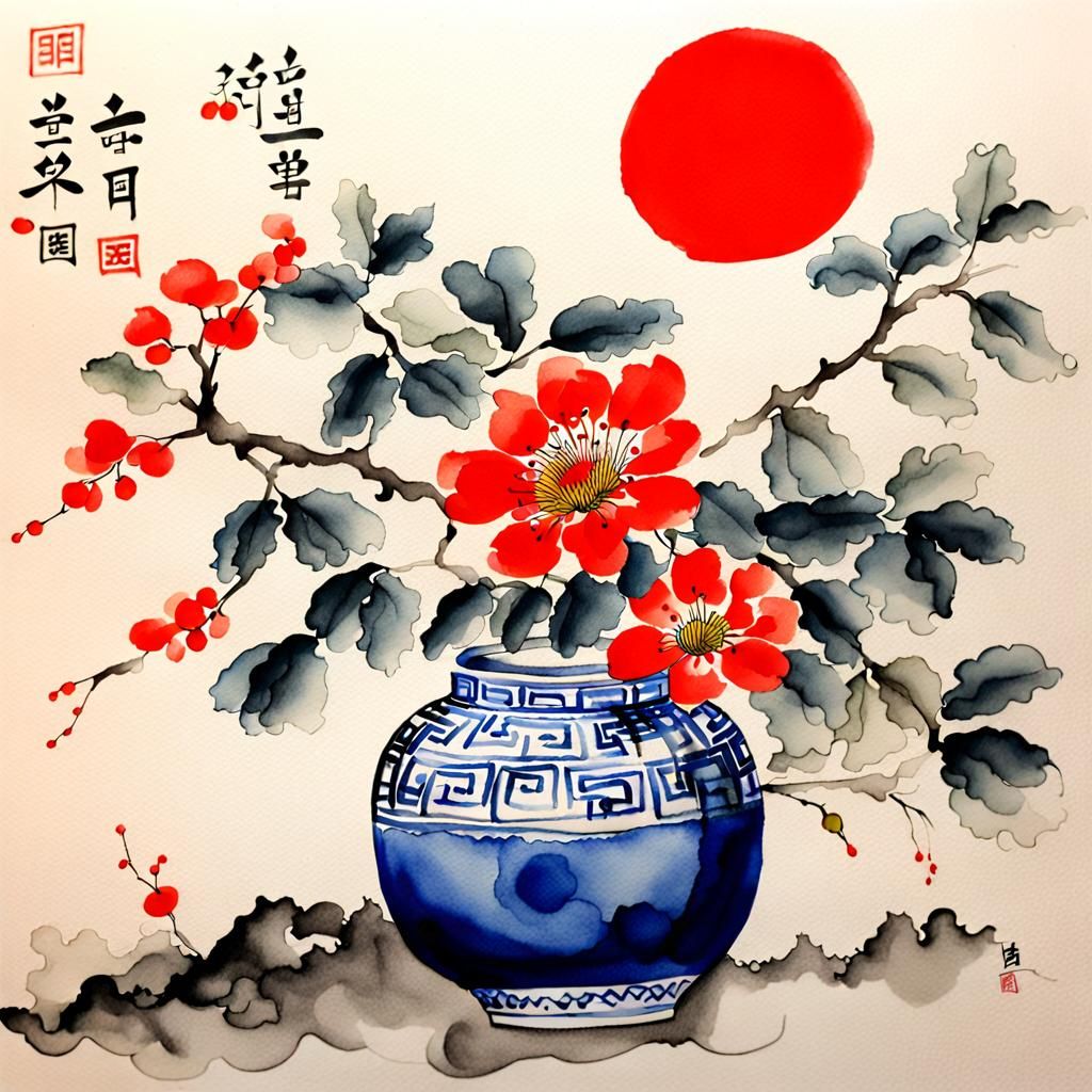 Traditional Korean Still Life Ink Drawing in Watercolor Styl...