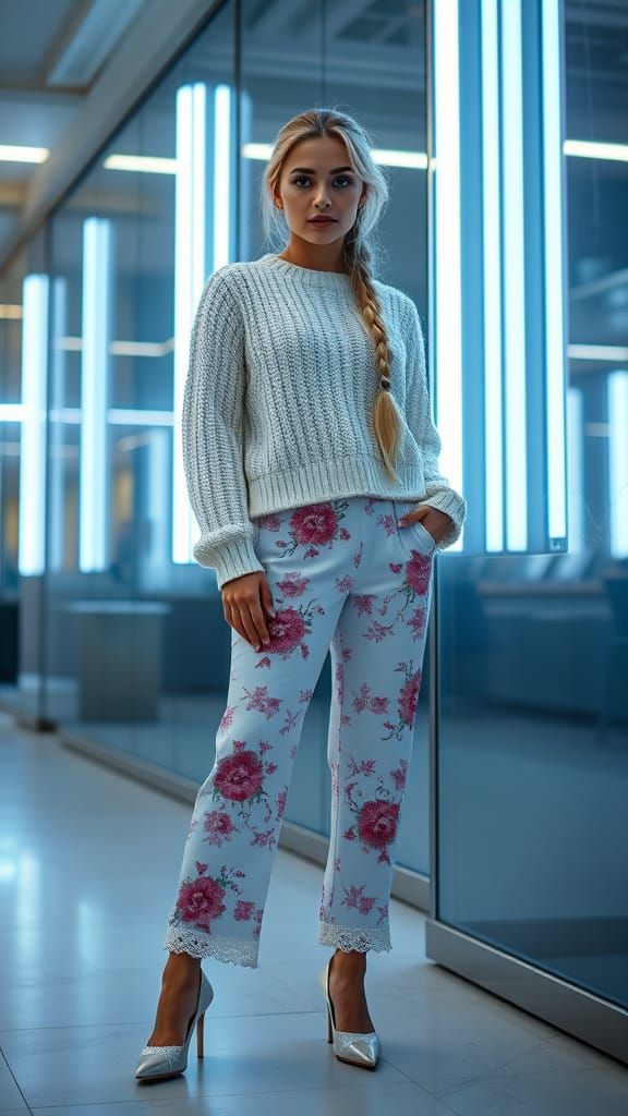 Elegant Woman in White with Neon Glow