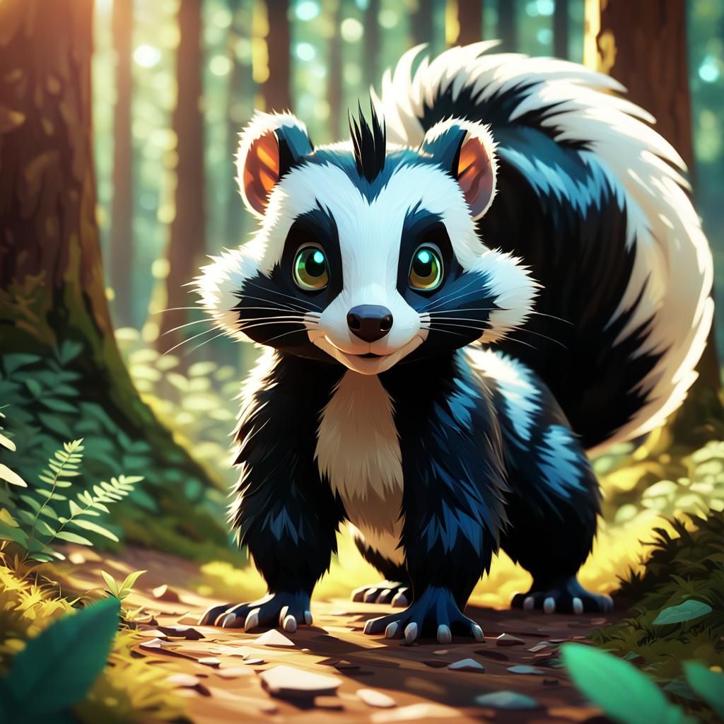 Adorable Skunk in Forest, Low-Poly Art