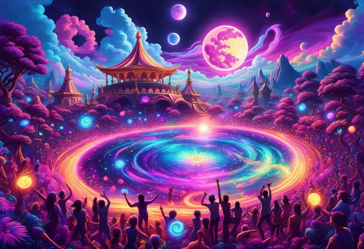 Trippycore Rave Party Under Swirling Sun and Moon