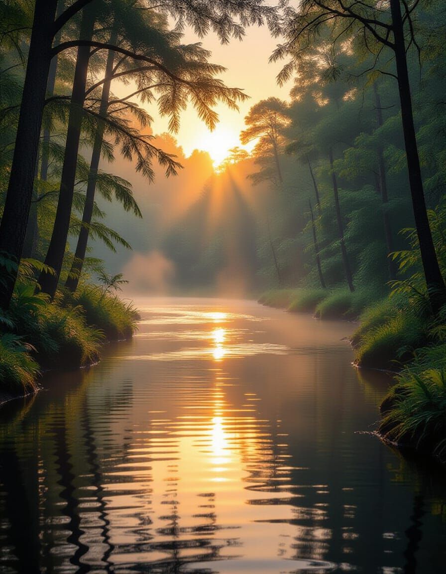Misty Forest River at Sunrise