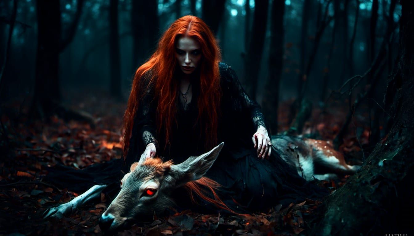 Redhead Vampire Warrior in Dark Woods