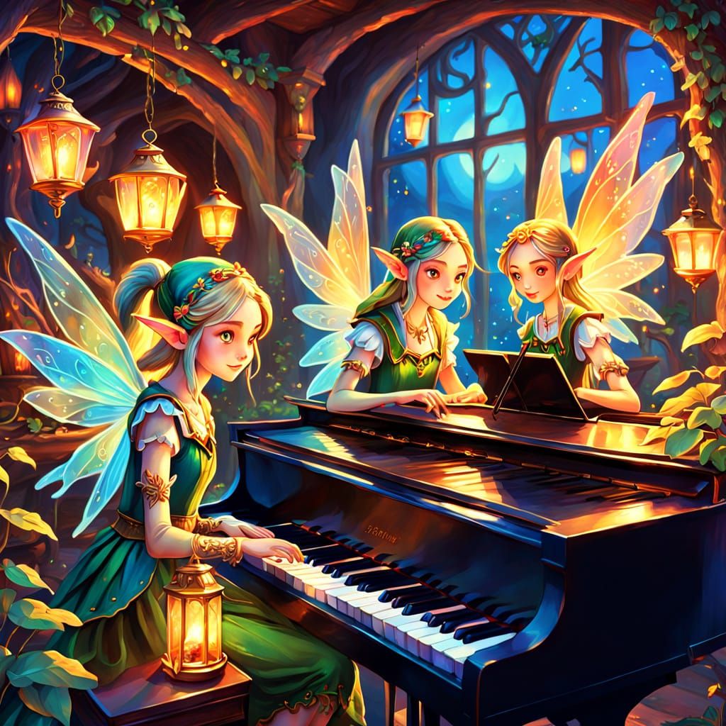 Elves and Fairies in Enchanted Tavern: Oil Painting