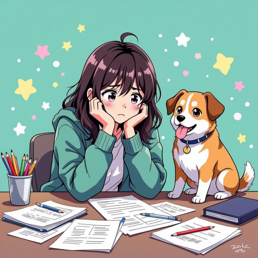 Anime Key Visual of Student with Homework-Eating Dog
