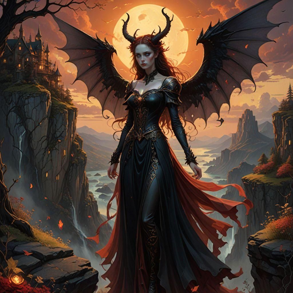 Ethereal Demoness Reclining on Sunset Cliffs