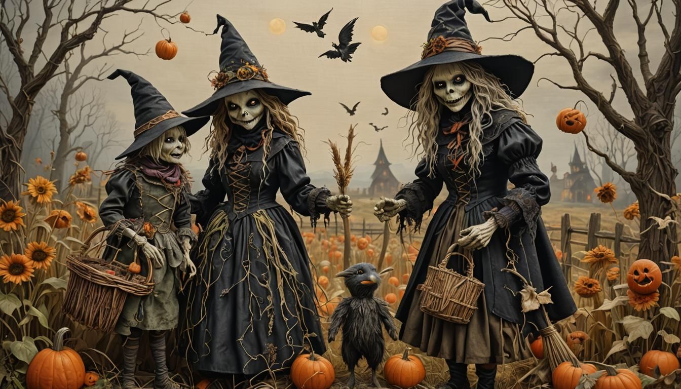 Anthropomorphic Witch and Baby Scarecrow in Fantasy Realism