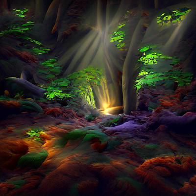Glowing Forest in Dark Cave with Sunshine Rays