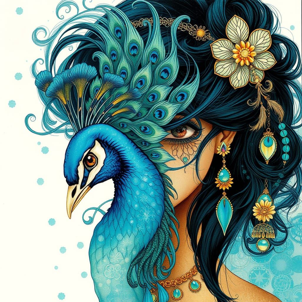 Mystical Woman Peacock Hybrid Portrait in Art Nouveau Style