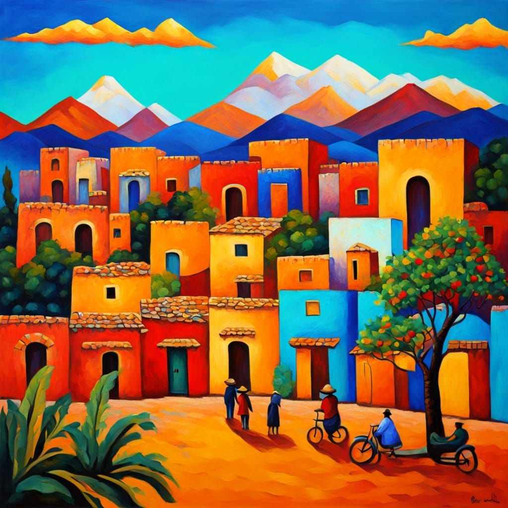 Vibrant Naive Mexican Village Oil Painting