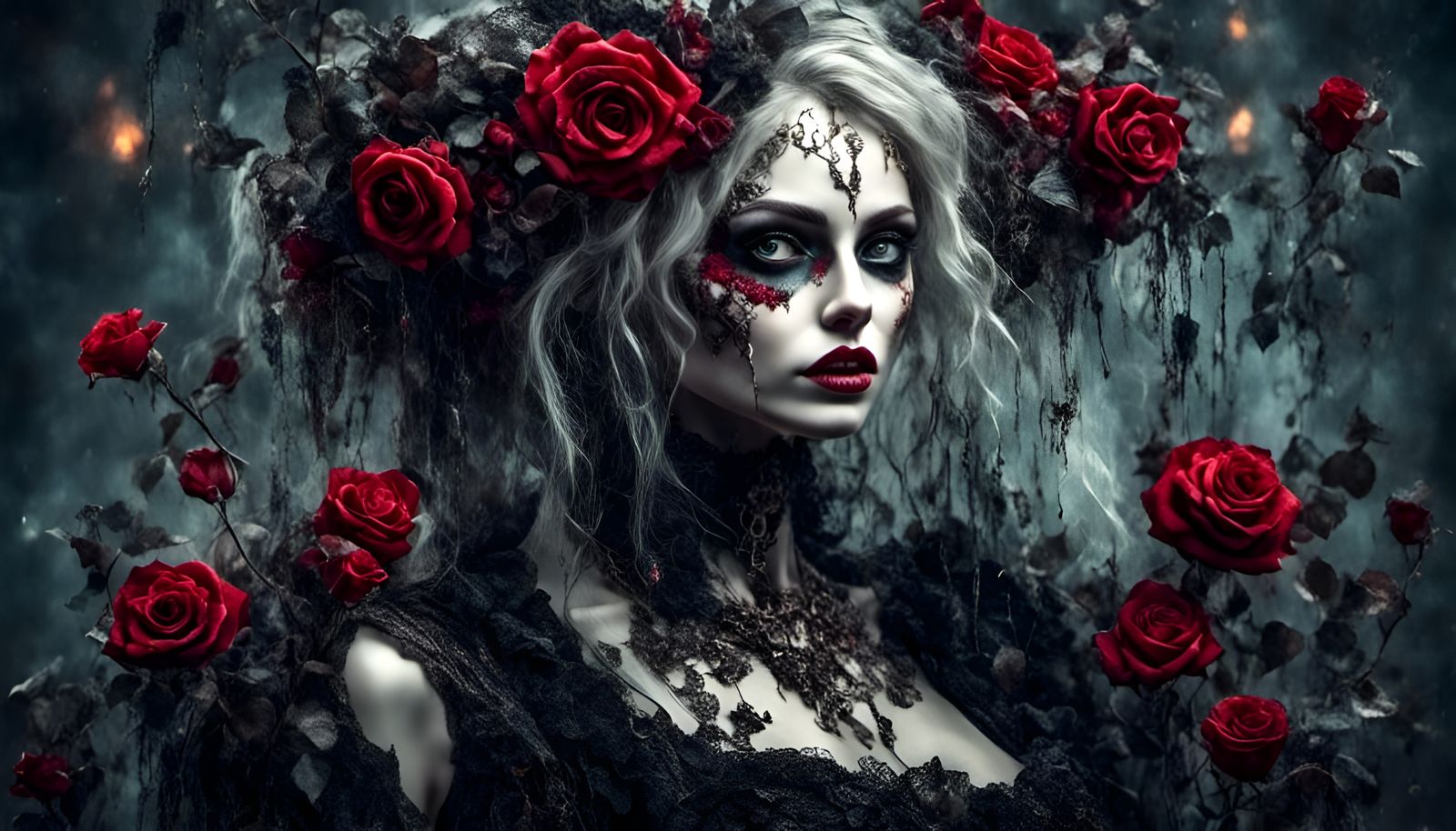Woman, gothic, roses, ivy, skulls, emilie autumn <lora:Art:1.0> <lora:MakeItPretty:1.0> <lora:Eclipse:1.0>