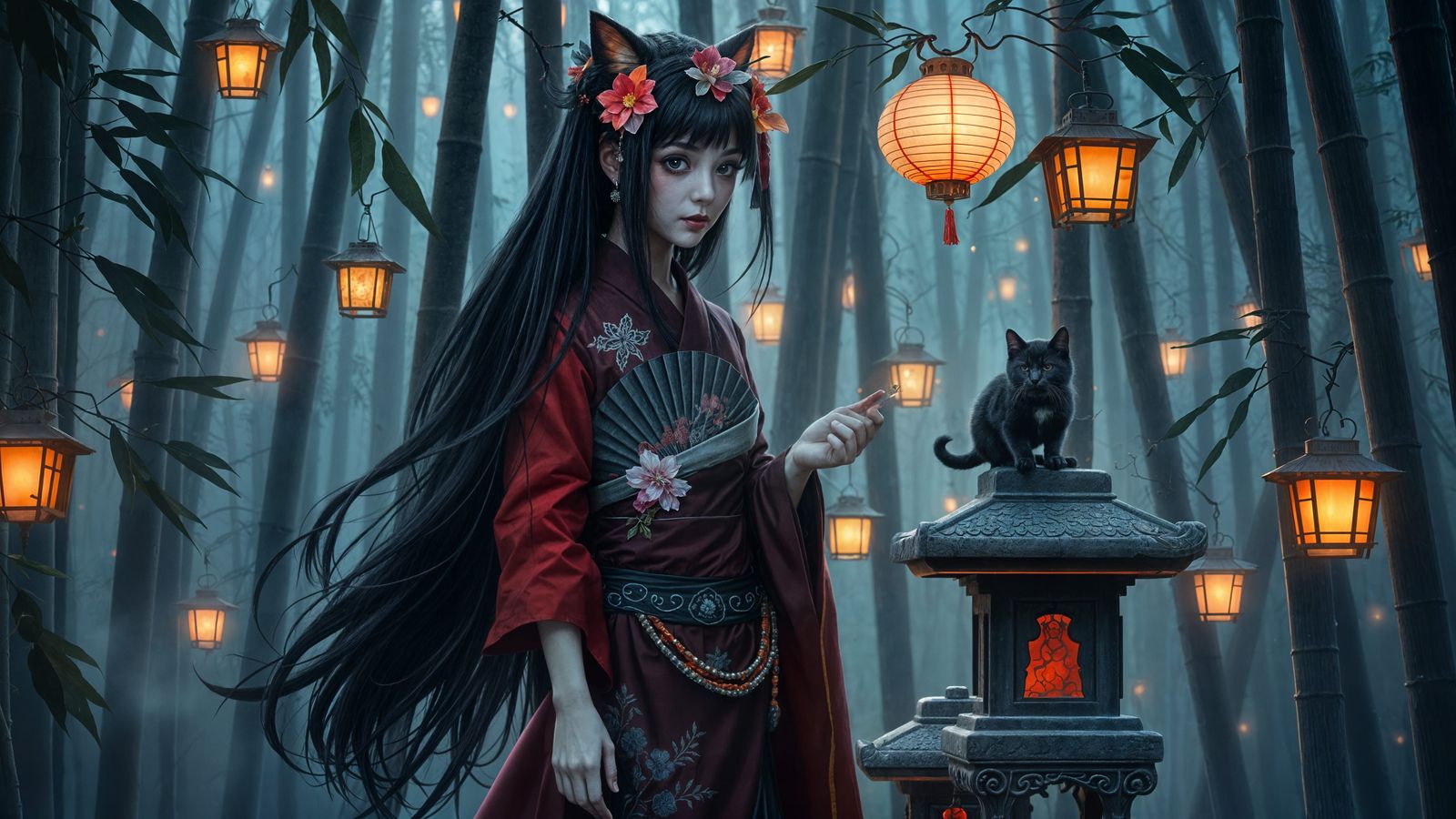 Gothic Geisha in Bamboo Forest with Kitten