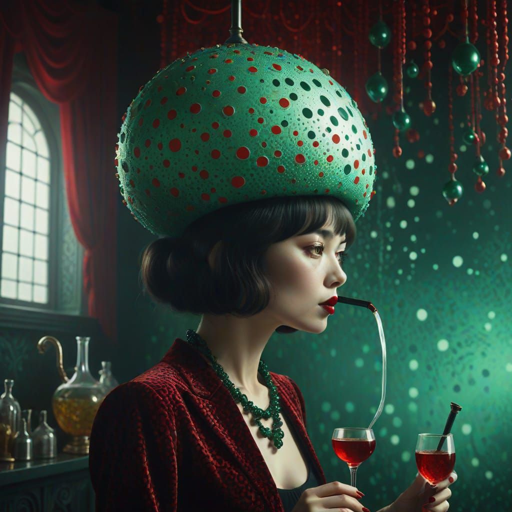 Mysterious Woman in Tuxedo Gown Selects Drink in Surreal Set...