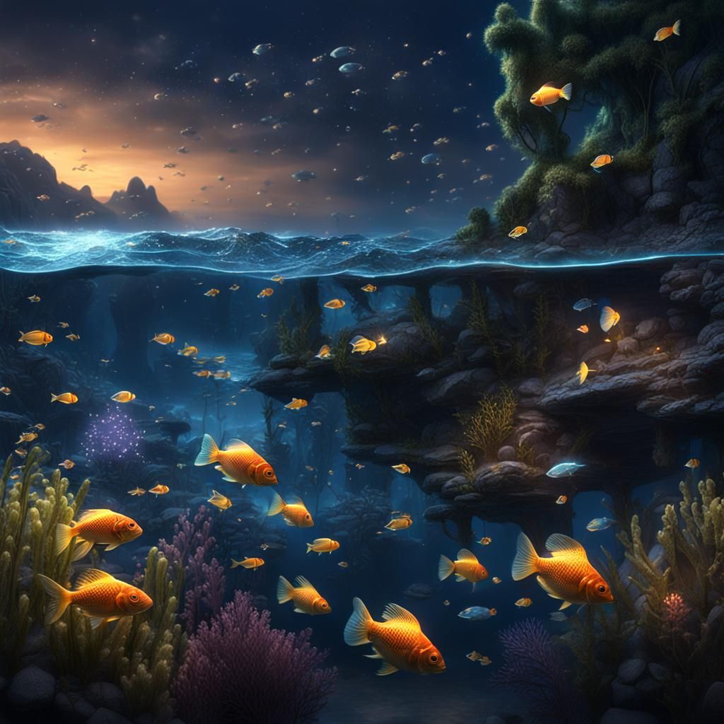 Magical Ocean at Night with Glowing Fish