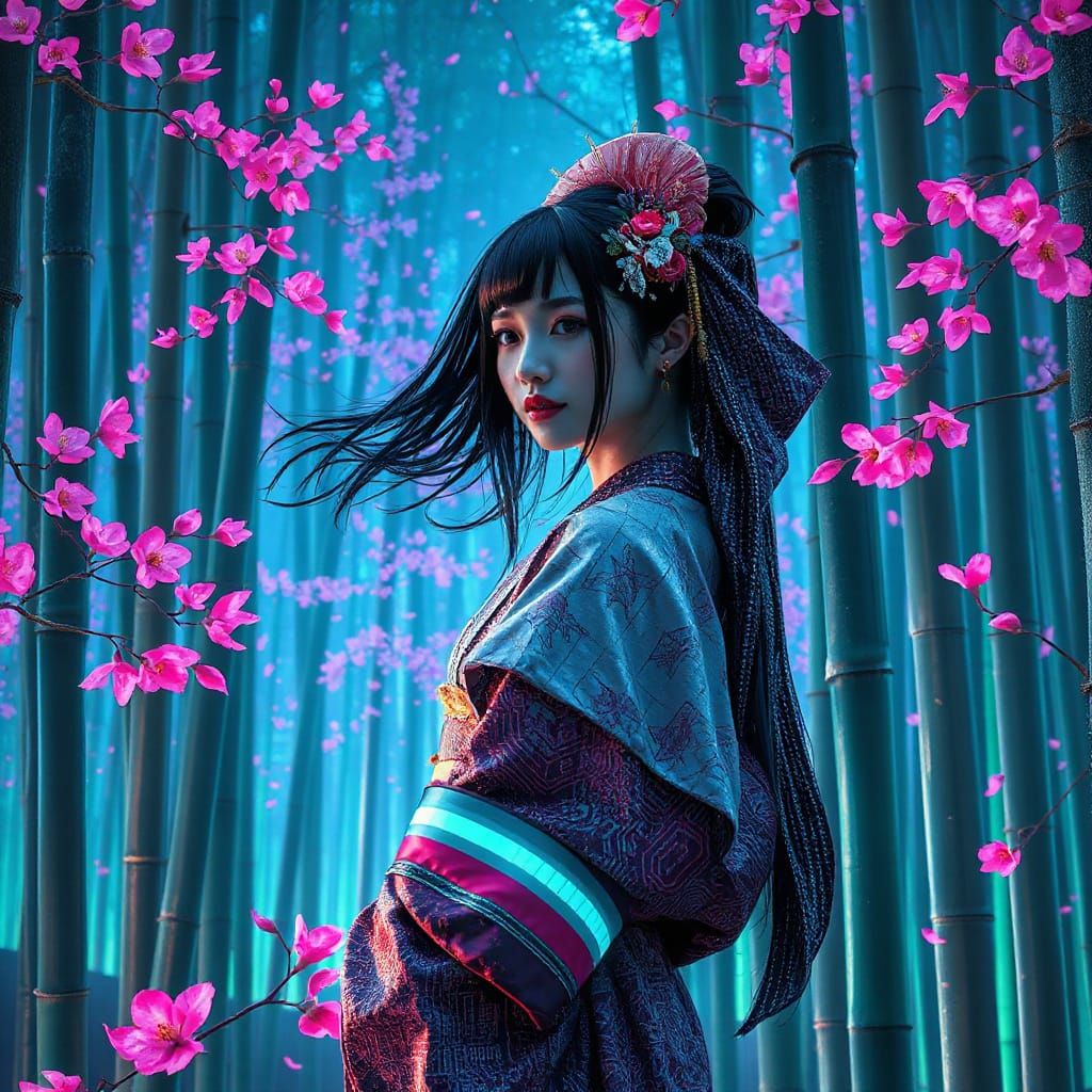 Digital Geisha in Cyberpunk Bamboo Forest with Binary Code H...