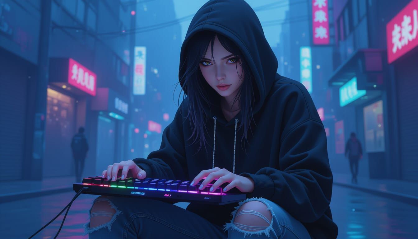 Cyberpunk Gamer Sadako with Illuminated Keyboard