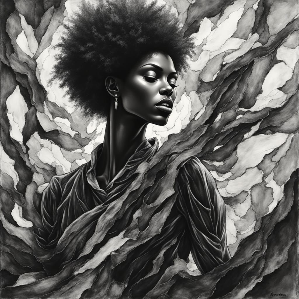 Black Woman in Swirling Monochrome Abstract Expressionism