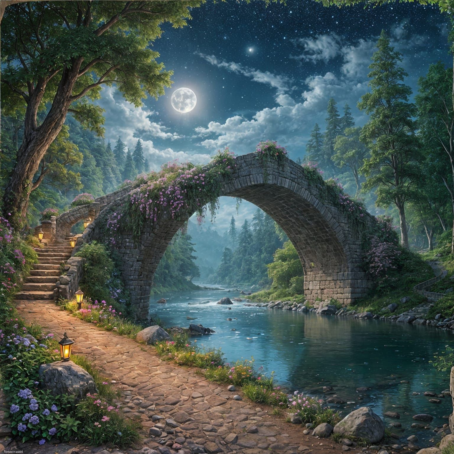 Ancient Stone Bridge Under Starry Night Sky