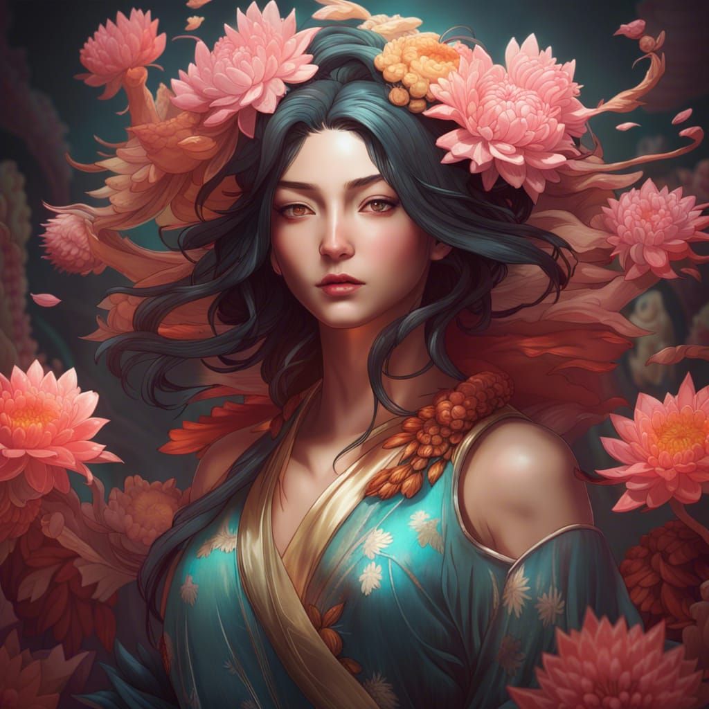 Chrysanthemum Kitsune Portrait in Hyperdetailed Style