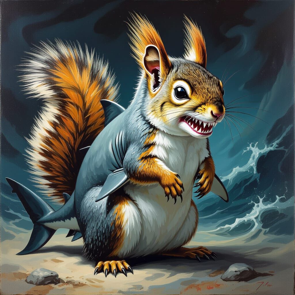 Menacing Squirrel-Shark Hybrid Creature in Surreal Style