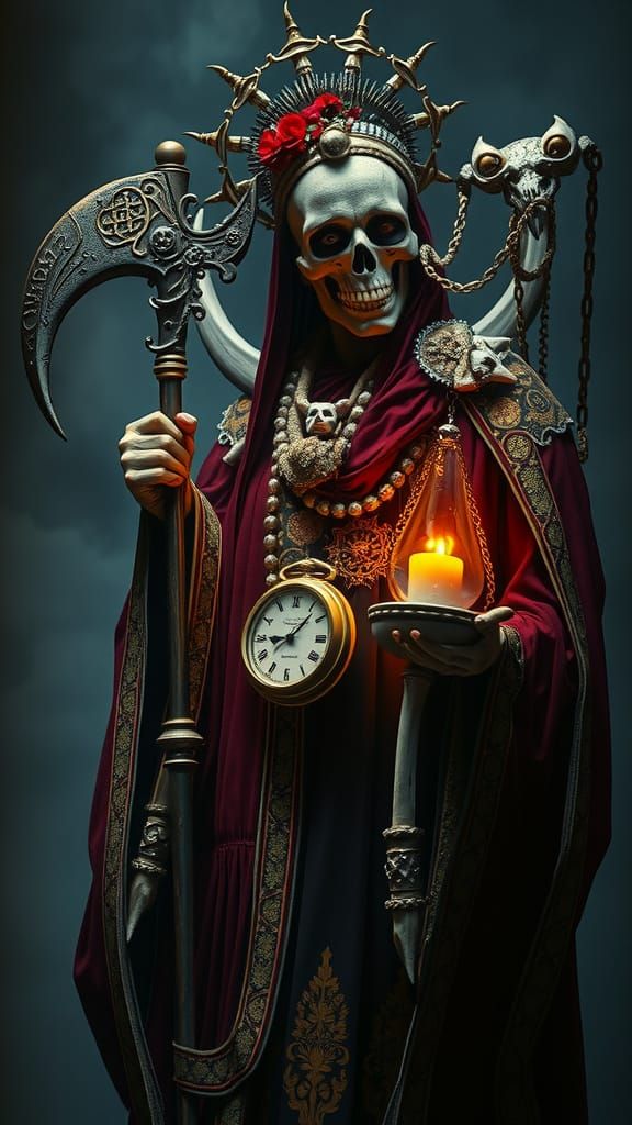 Santa Muerte with Scythe and Scales in Dramatic Light