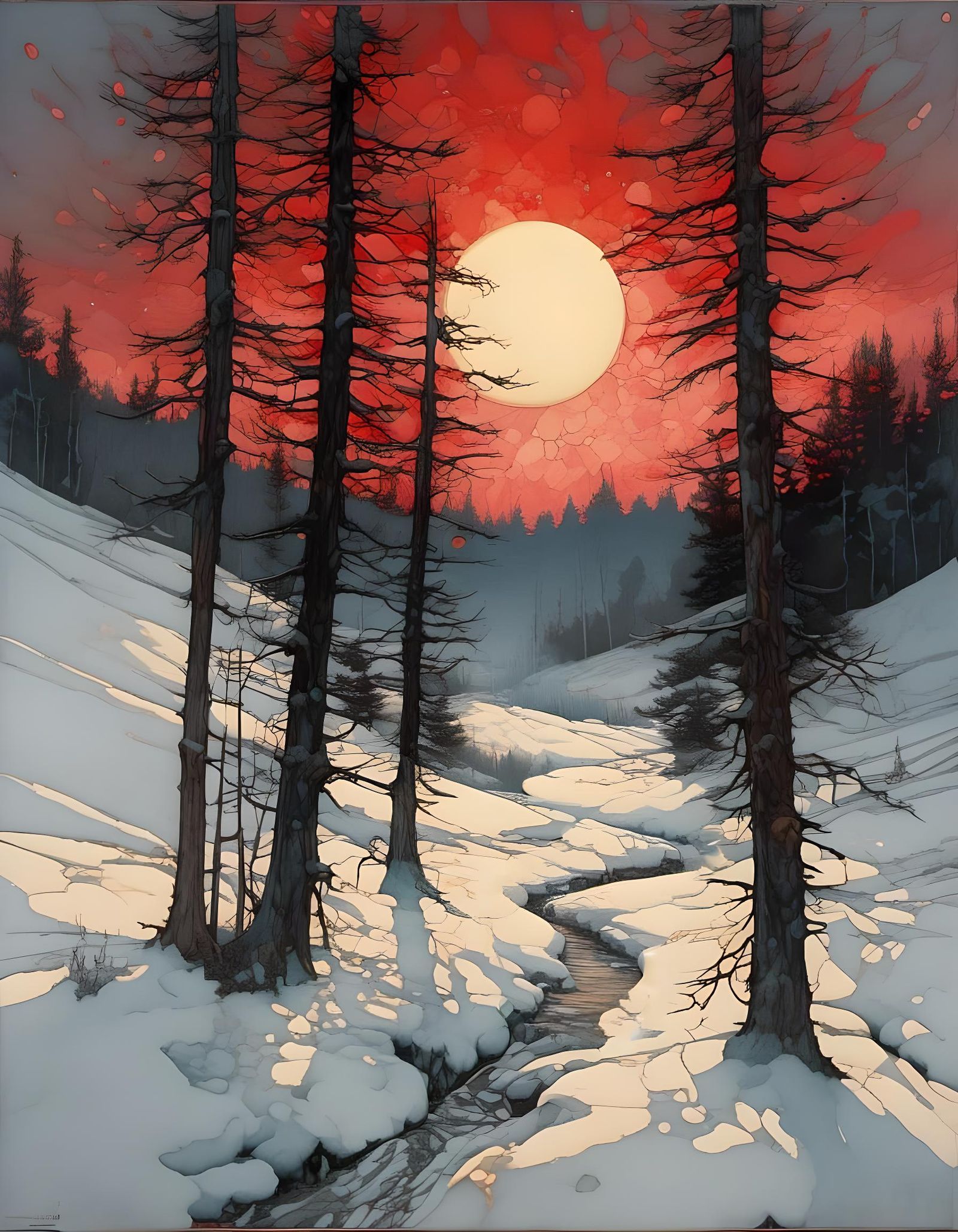 Mercury Stream Through Snowy Field at Eclipse