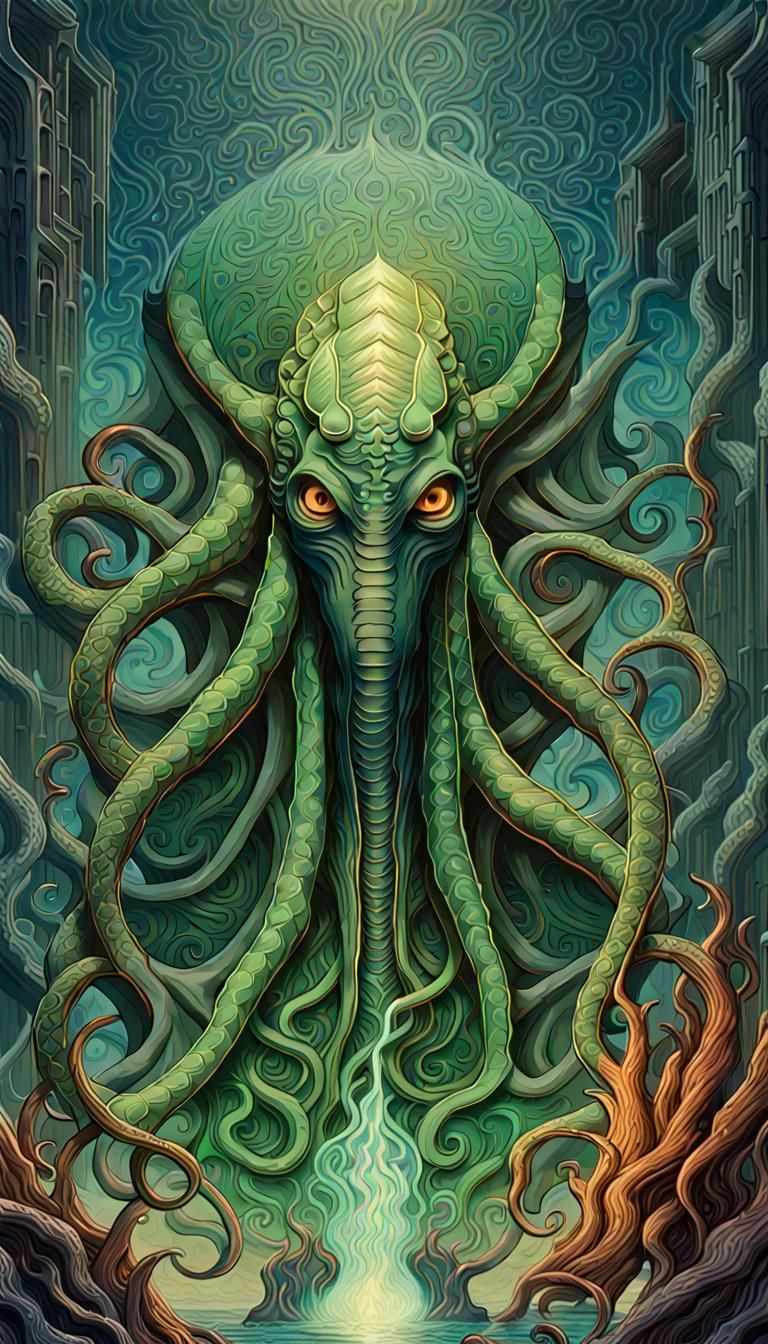 Cthulhu Battles Cthaugha: A Surreal Digital Illustration