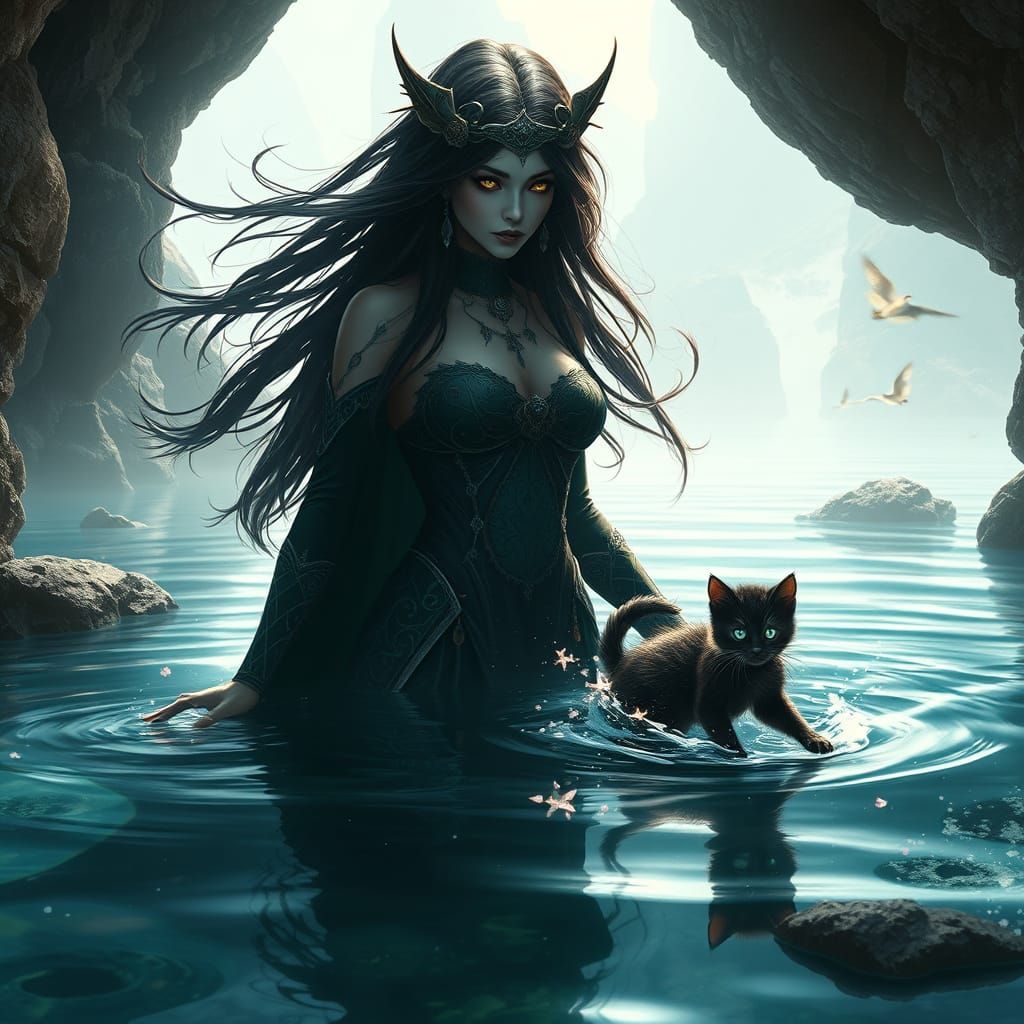 Mystical Sorceress Rising from Crystal Pool