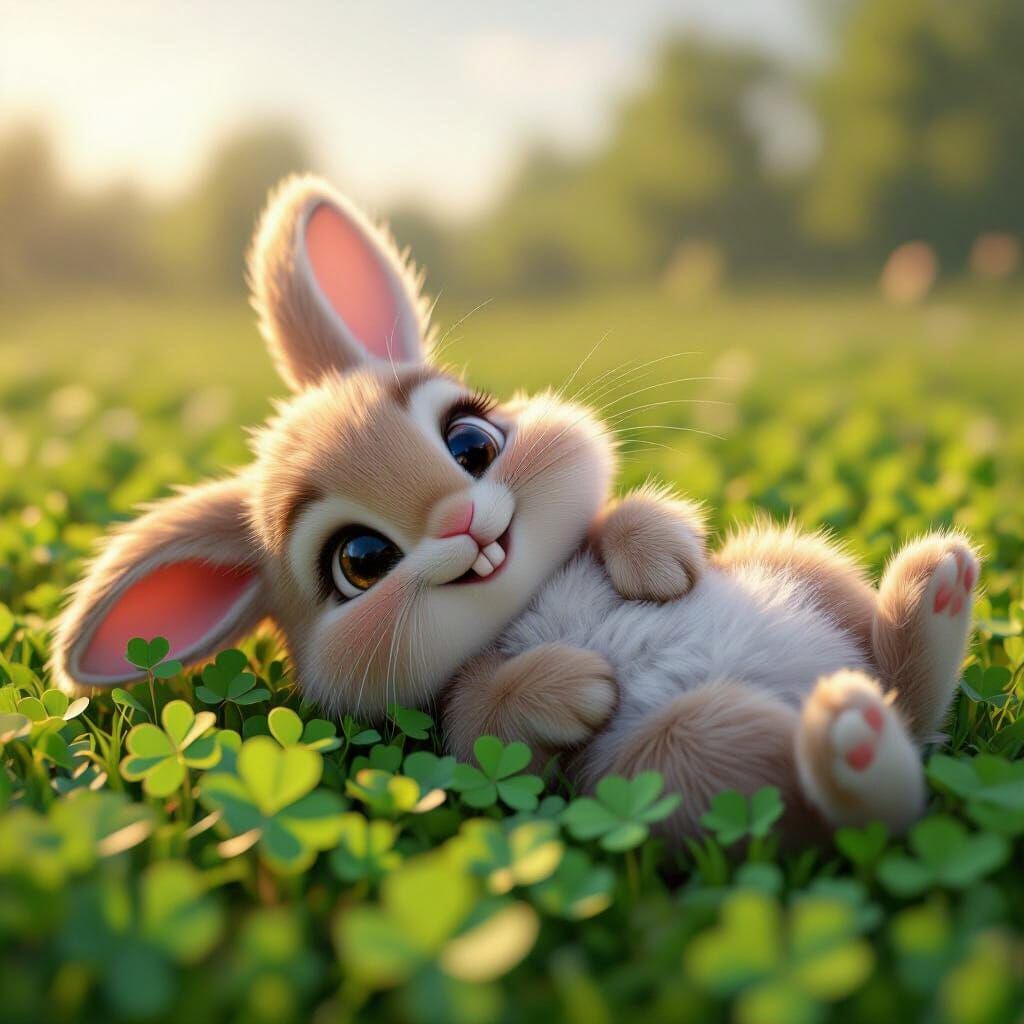 Adorable Bunny in Clover Field: Hyper-Detailed 3D Render