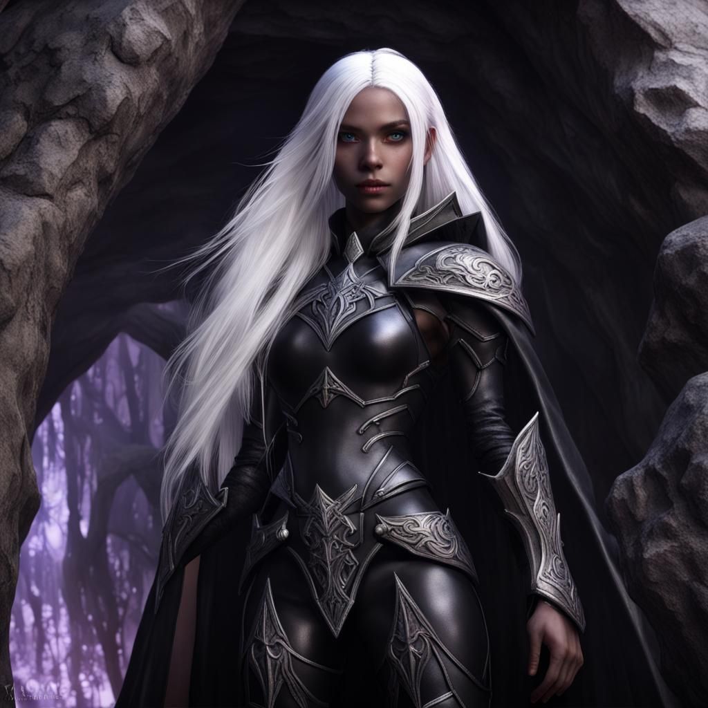 Hyperreal Dark Elf Girl Portrait in Black Armor