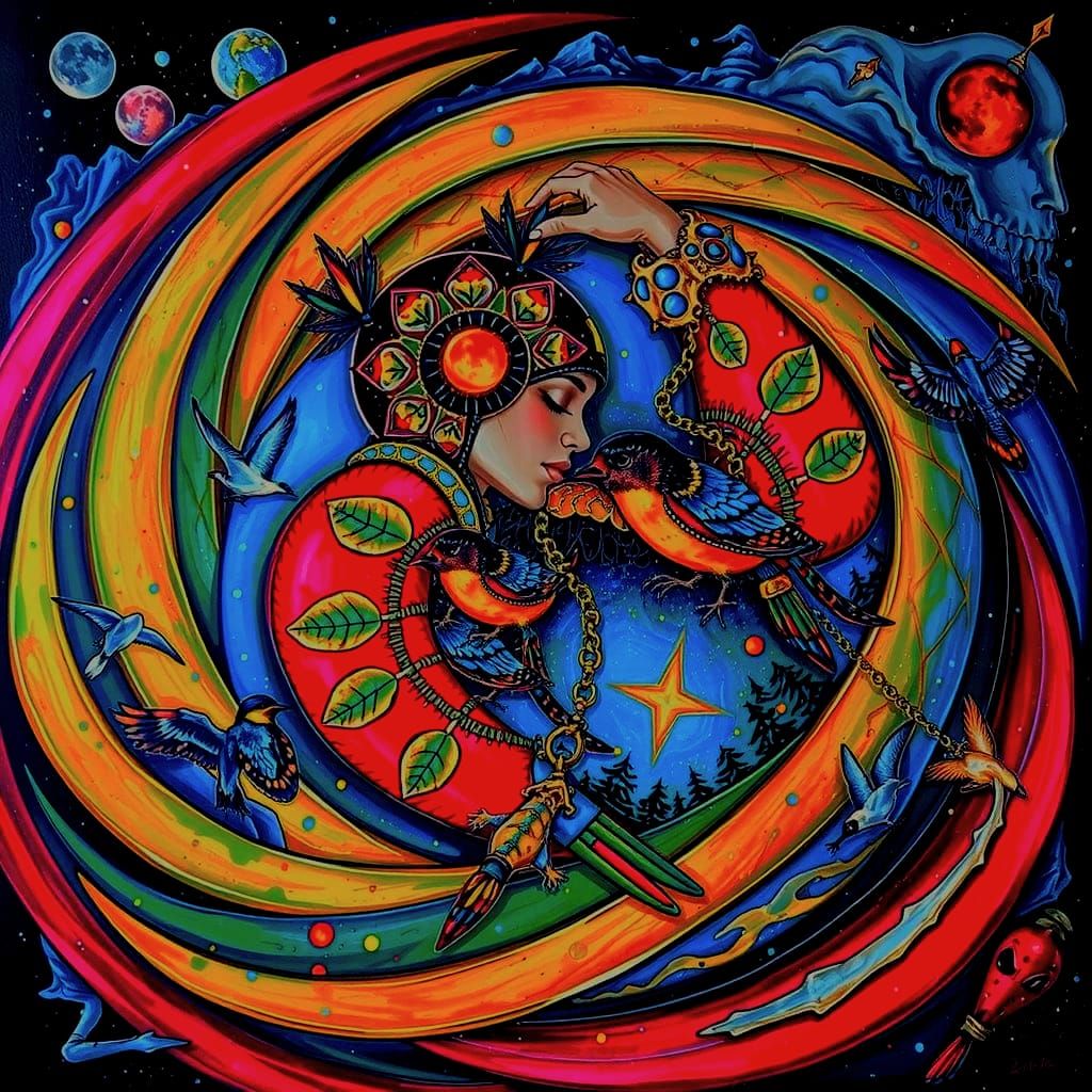 Woman Merging With Nature and Birds, Dreamlike Concept Art