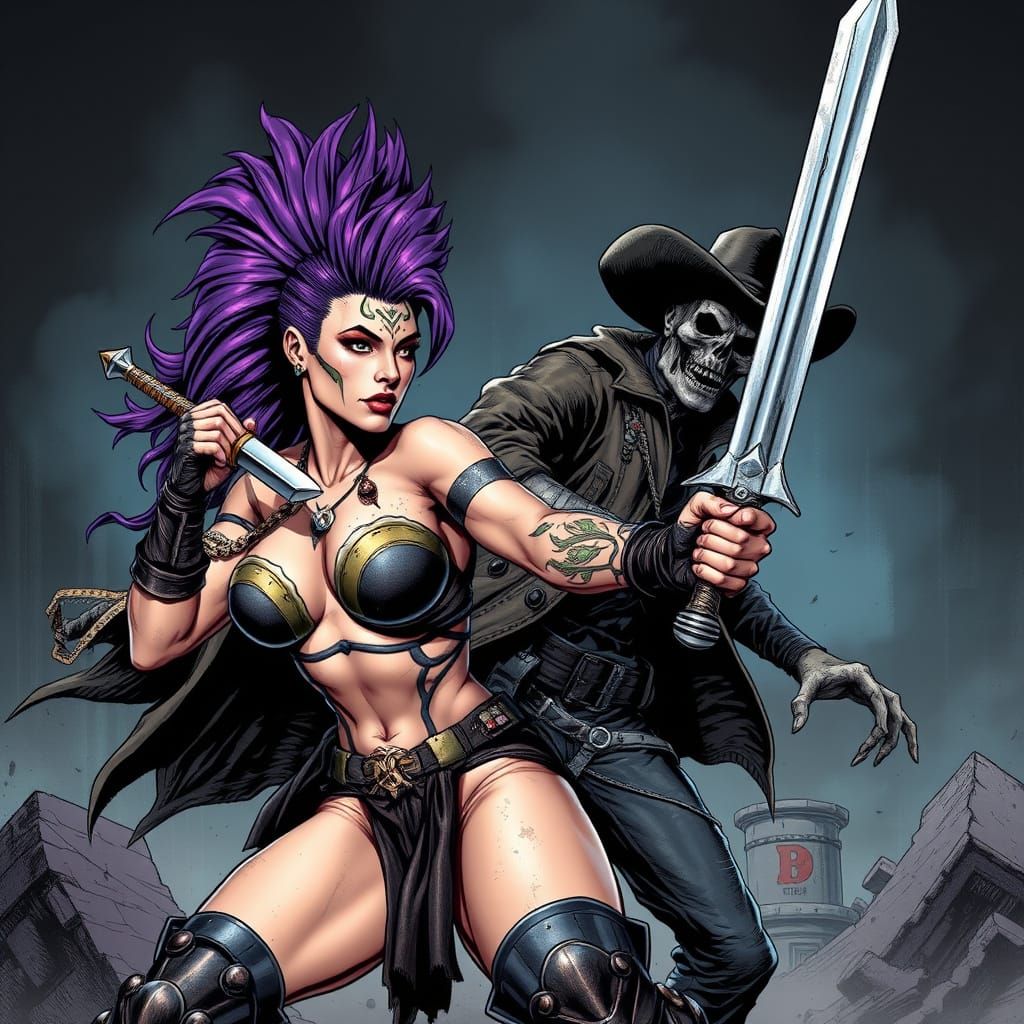 Amazon Warrior vs Undead Cowboy, Comic Book Style