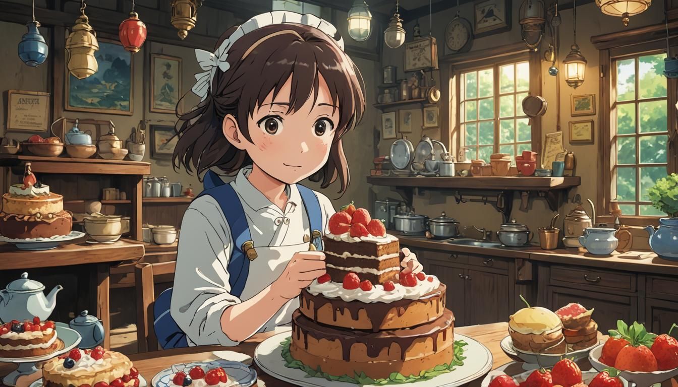 Girl Eating Honey Cake in Ghibli Cartoon Style
