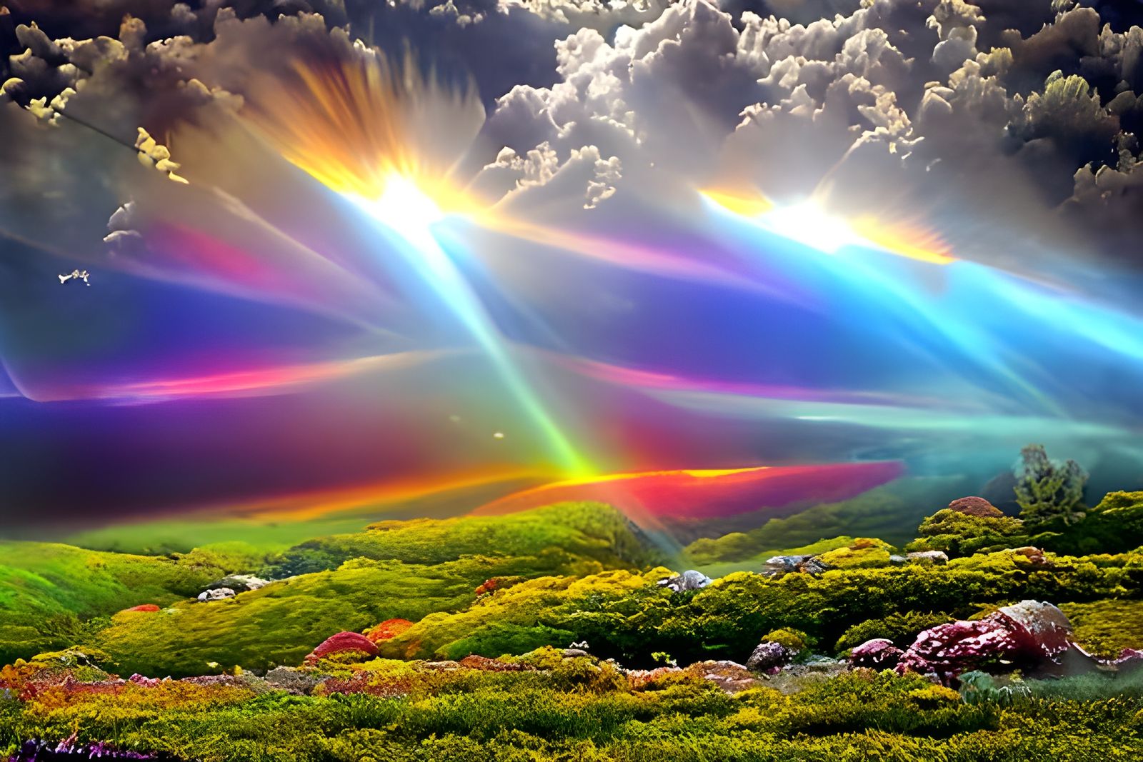 Rainbow Sunbeam Aurora: Hyperrealistic Cosmic Illustration