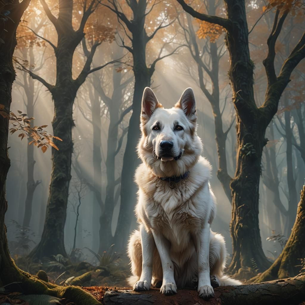 Majestic White Shepherd in Mystical Forest