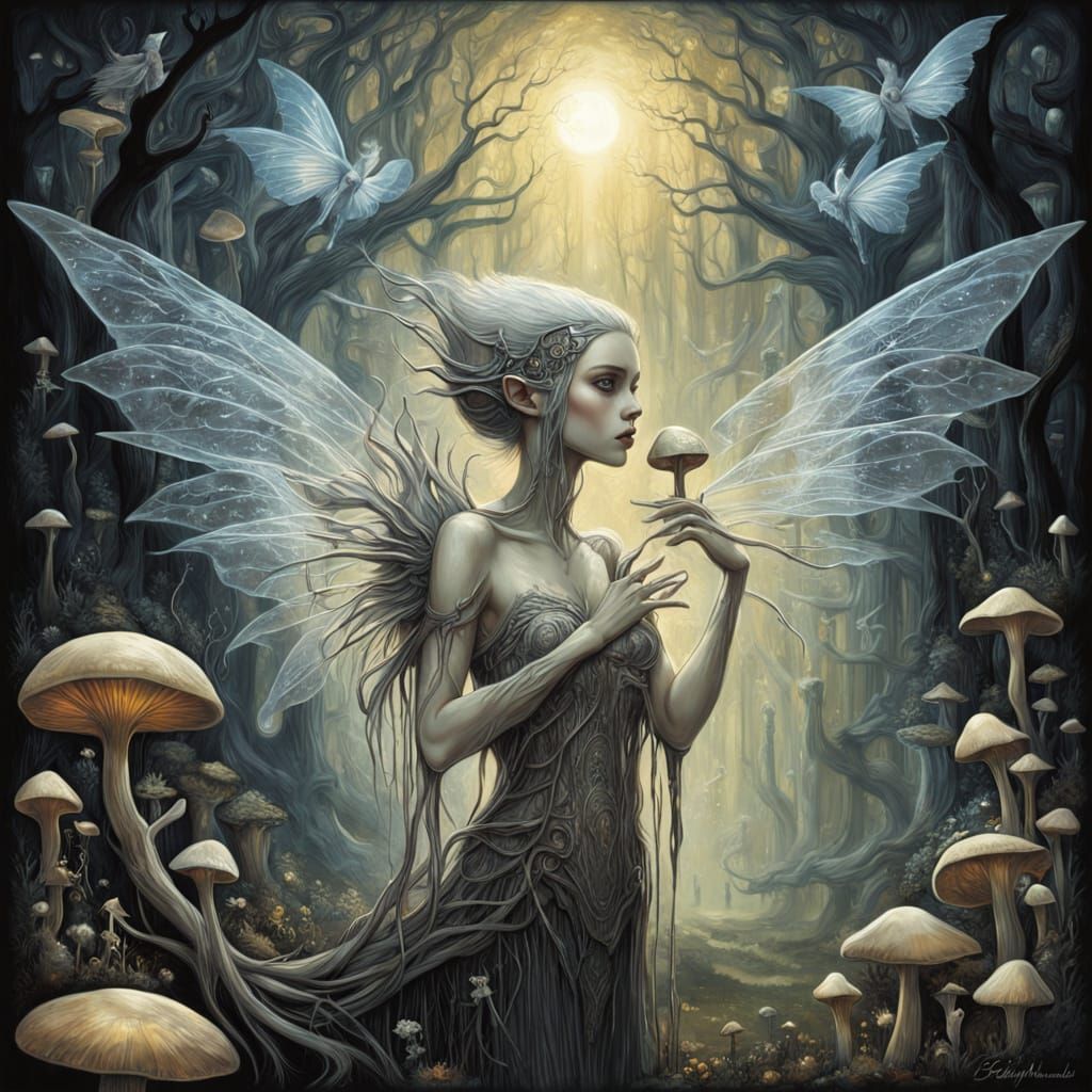 Elf Collects Moonlight in Forest with Glowing Mushrooms