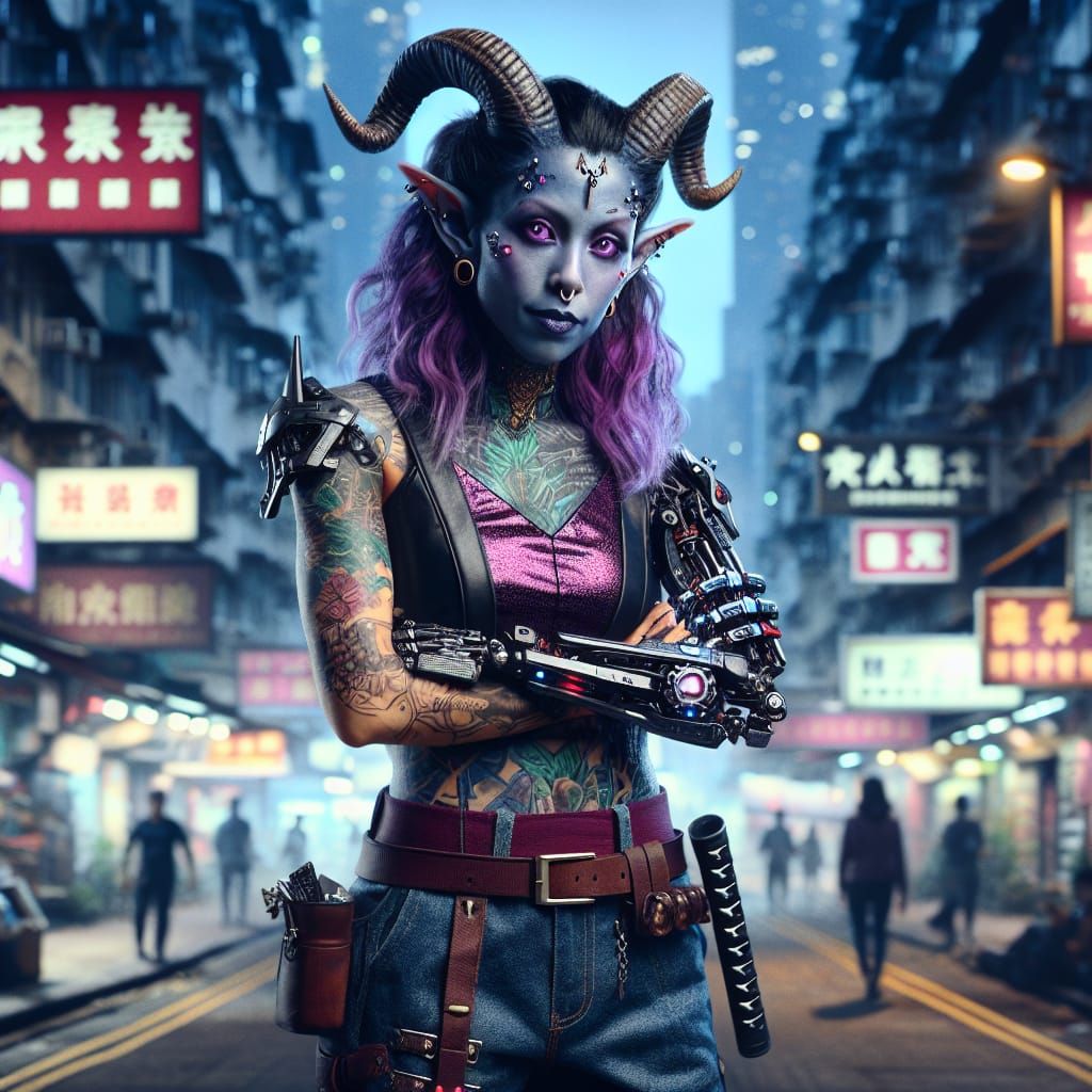 Cyberpunk Tiefling Street Samurai in Hong Kong