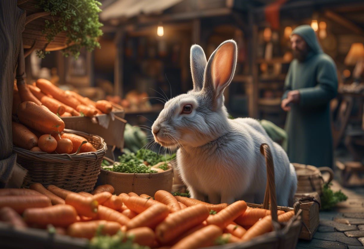 Rabbit at Medieval Market: Photorealistic 3D Render