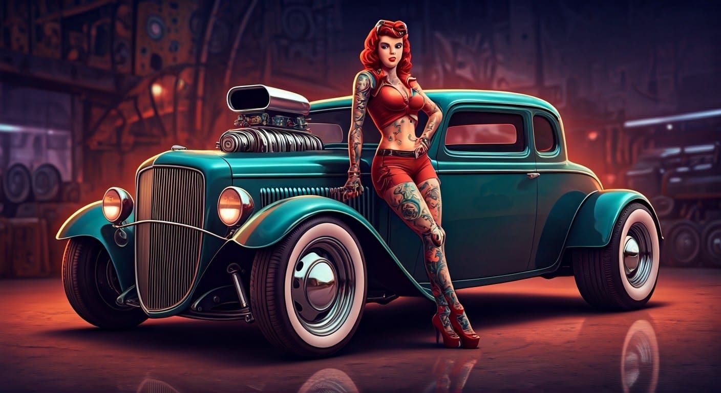 Cyborg Pin-Up in Retro-Futuristic Junkyard