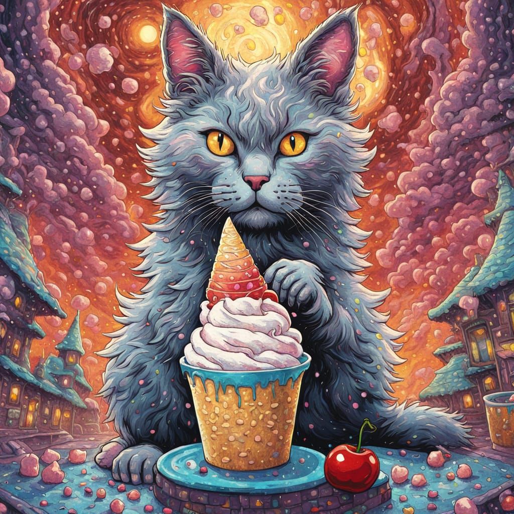 Cat Enjoys Ice Cream Sundae, Mosaic Sci-Fi Style