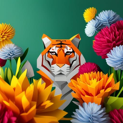 Hyperrealistic Paper Tiger in a Colorful Paper Garden