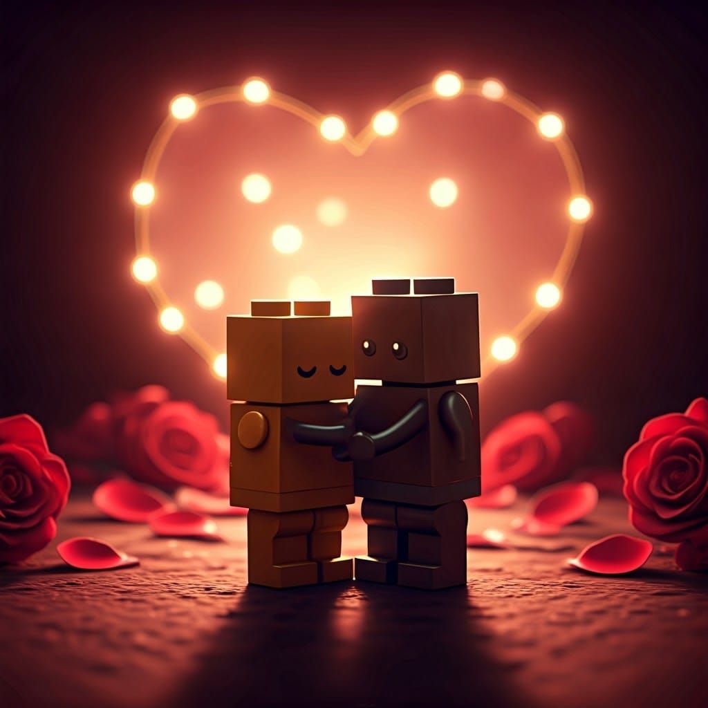 Two cute rectangular Lego brick pieces hugging in a dimly lit, moody environment ...